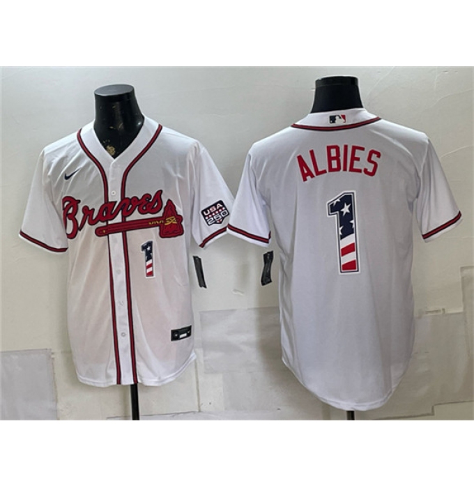 Men's Atlanta Braves #1 Ozzie Albies White USA 250 Fourth of July Home Stadium Stitched Baseball Jersey