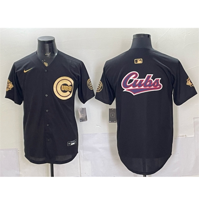 Men's Chicago Cubs Team Big Logo Black Gold 150th Anniversary Stitched Baseball Jersey