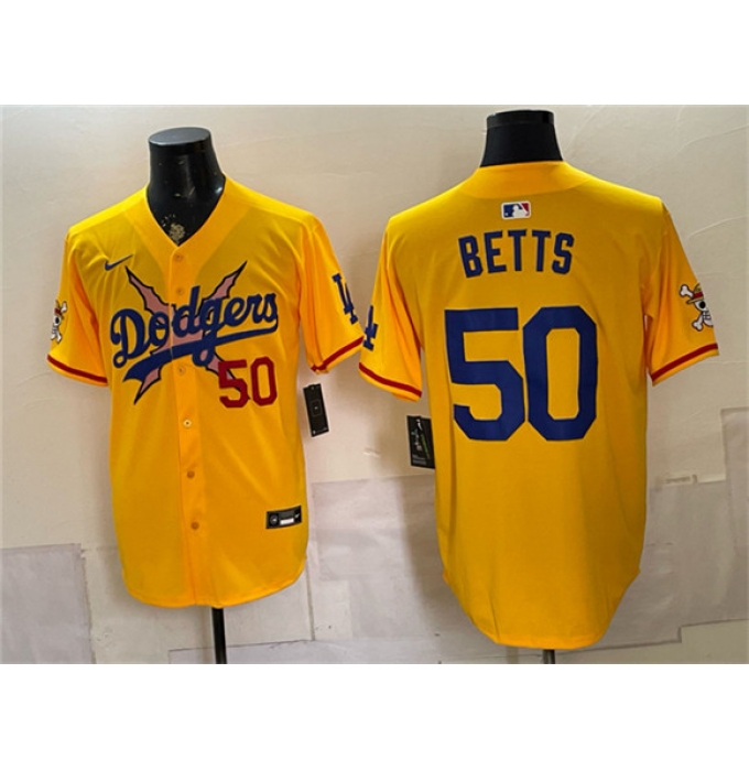 Men's Los Angeles Dodgers x One Piece #50 Mookie Betts Yellow Vapor Premier Limited Stitched Baseball Jersey