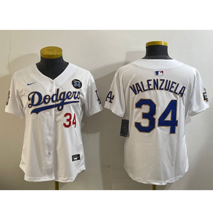 Women's Los Angeles Dodgers #34 Toro Valenzuela White Gold 2024 World Series With Fernando Memorial Limited Stitched Baseball Jersey