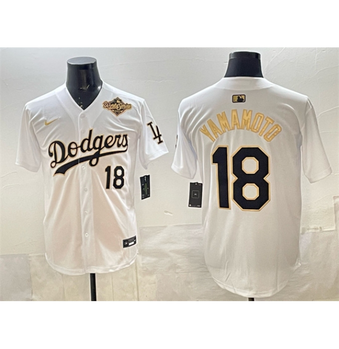 Men's Los Angeles Dodgers #18 Yoshinobu Yamamoto White Gold 2025 World Series Limited Stitched Baseball Jersey