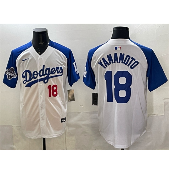 Men's Los Angeles Dodgers #18 Yoshinobu Yamamoto White Royal 2025 World Series Champions Limited Stitched Baseball Jersey