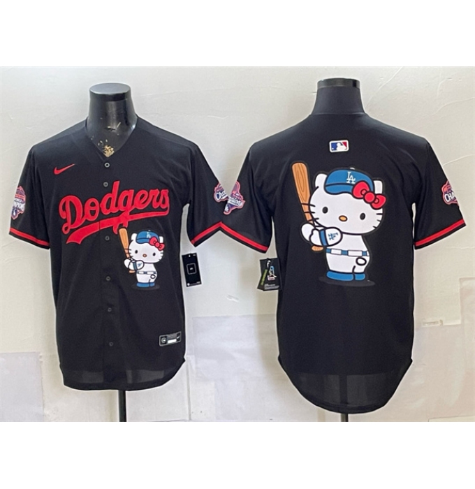 Men's Los Angeles Dodgers Team Big Logo Black Hello Kitty Night 2025 World Series Champions Stitched Baseball Jersey