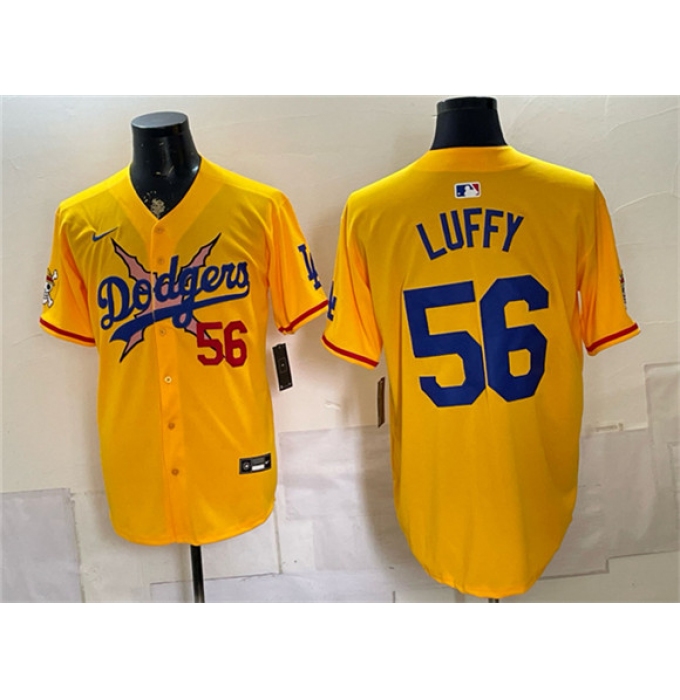 Men's Los Angeles Dodgers x One Piece #56 Luffy Yellow Vapor Premier Limited Stitched Baseball Jersey