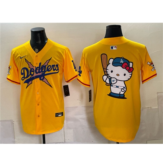 Men's Los Angeles Dodgers x One Piece Team Big Logo Yellow Vapor Premier Limited Stitched Baseball Jersey