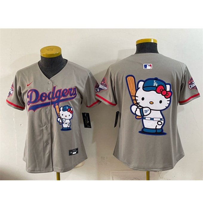 Women's Los Angeles Dodgers Team Big Logo Grey Hello Kitty Night 2025 World Series Champions Stitched Baseball Jersey(Run Small)