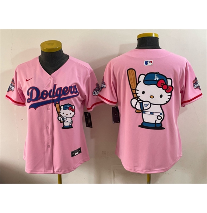 Women's Los Angeles Dodgers Team Big Logo Pink Hello Kitty Night 2025 World Series Champions Stitched Baseball Jersey(Run Small)