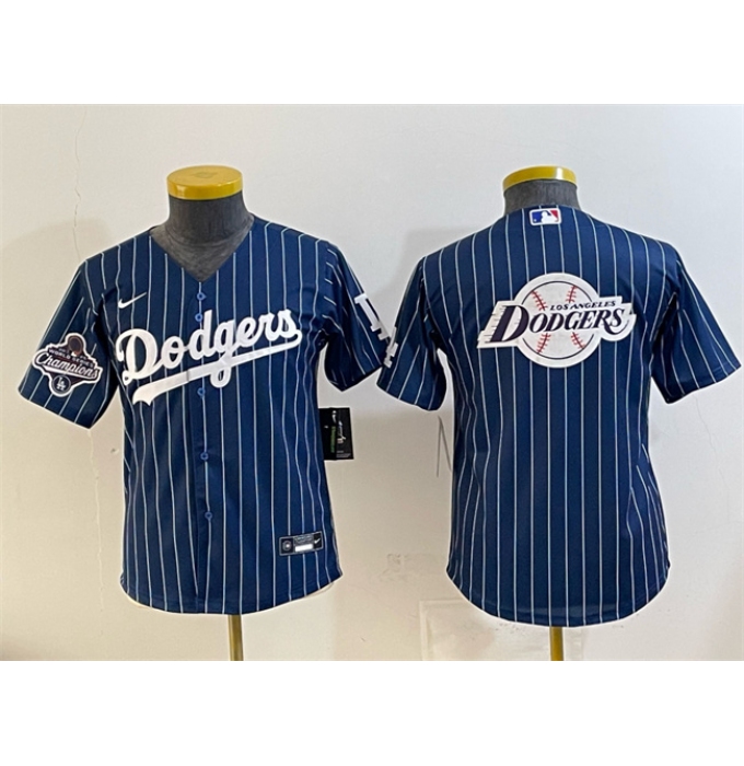 Youth Los Angeles Dodgers Team Big Logo Navy Pinstripe 2025 World Series Champions Cool Base Stitched Baseball Jersey