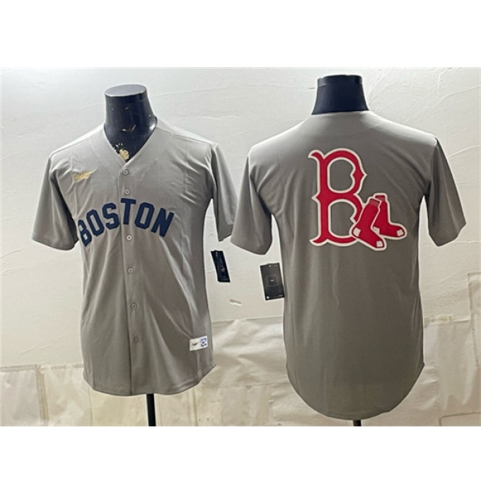 Men's Boston Red Sox Team Big Logo Grey Cooperstown Collection Limited Stitched Baseball Jersey
