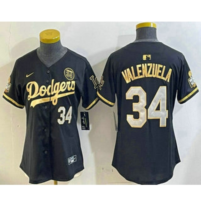 Women's Los Angeles Dodgers #34 Fernando Valenzuela Black Gold 2024 World Series 34 Stitched Cool Base Jersey