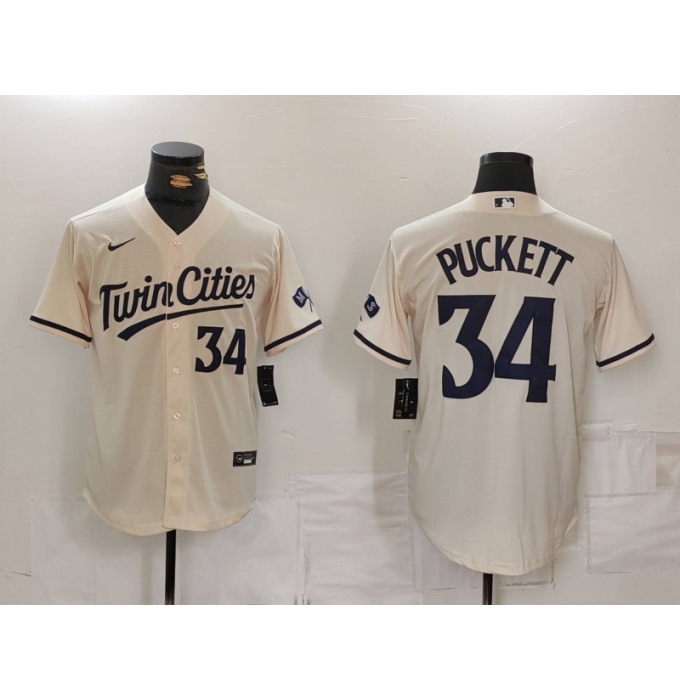 Men's Minnesota Twins #34 Kirby Puckett Number Cream Cool Base Stitched Jersey