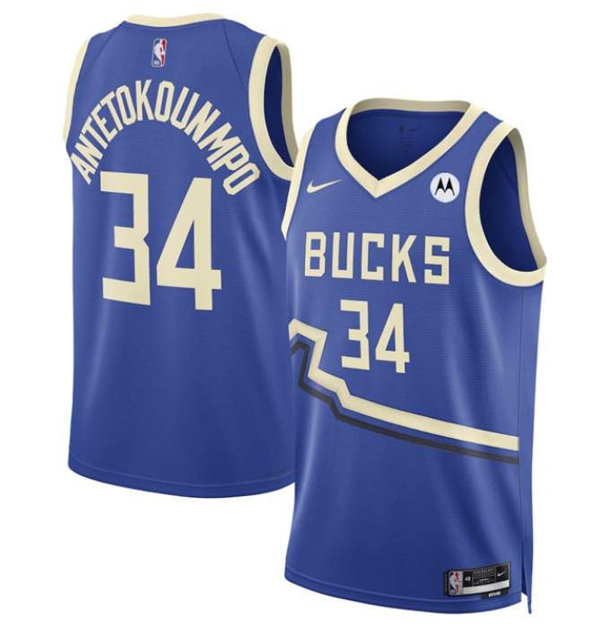 Men's Milwaukee Bucks #34 Giannis Antetokounmpo Royal 2024-25 City Edition Stitched Basketball Jersey