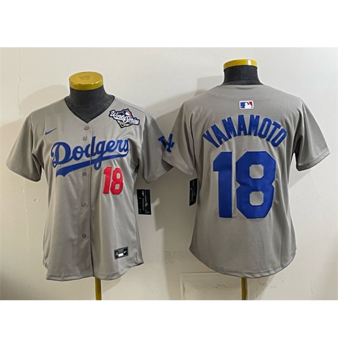 Youth Los Angeles Dodgers #18 Yoshinobu Yamamoto Grey 2025 World Series Limited Stitched Baseball Jersey