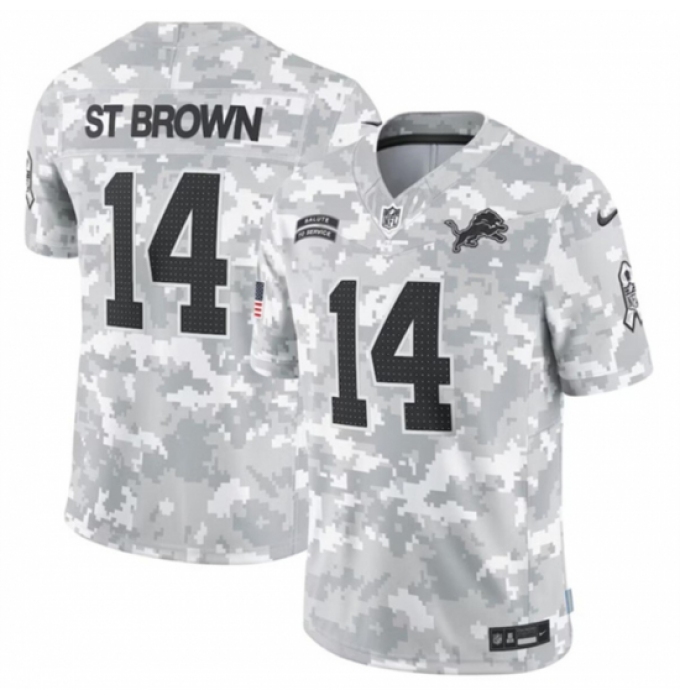 Youth Detroit Lions #14 Amon Ra St Brown 2024 F U S E Arctic Camo Salute To Service Limited Stitched Jersey